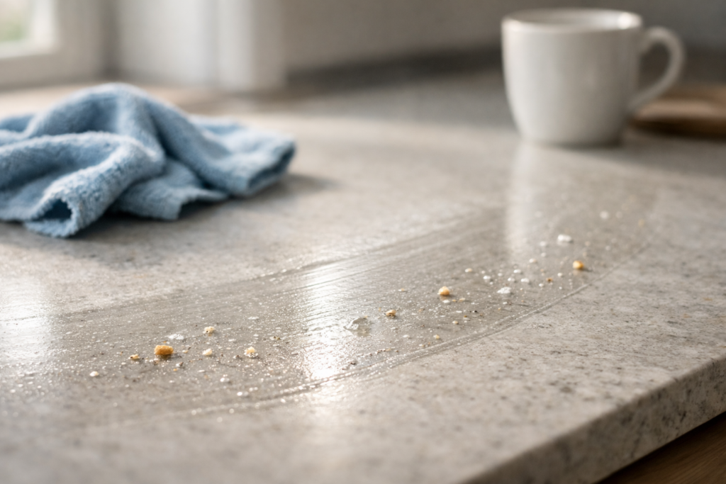 wilgotna smuga na blacie kuchennym