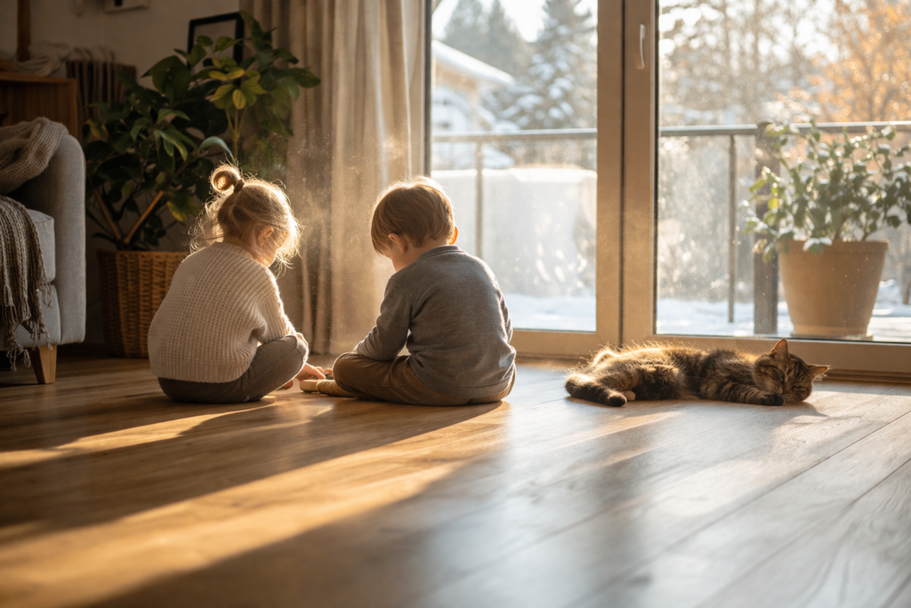 ciepły zimowy poranek w domu i wpływ chemii do mycia podłóg oraz ogrzewania podłogowego na zdrowie